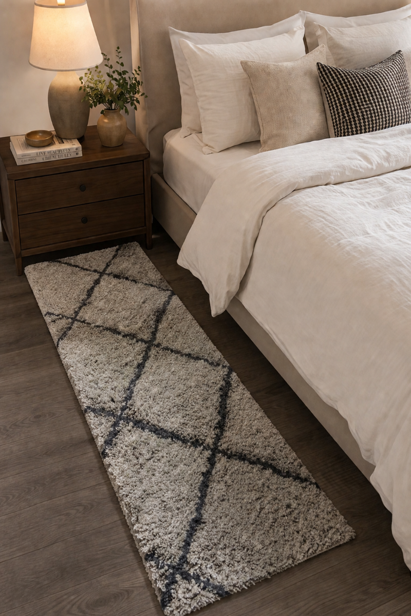 Bedroom with a patterned rug, bed, and nightstand.