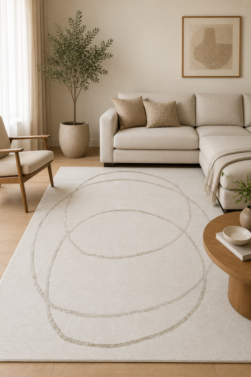 A large off-white area rug with a minimalist abstract design of overlapping oval rings, styled in a bright, modern living room with a beige sectional sofa, wooden chair, and potted plant.