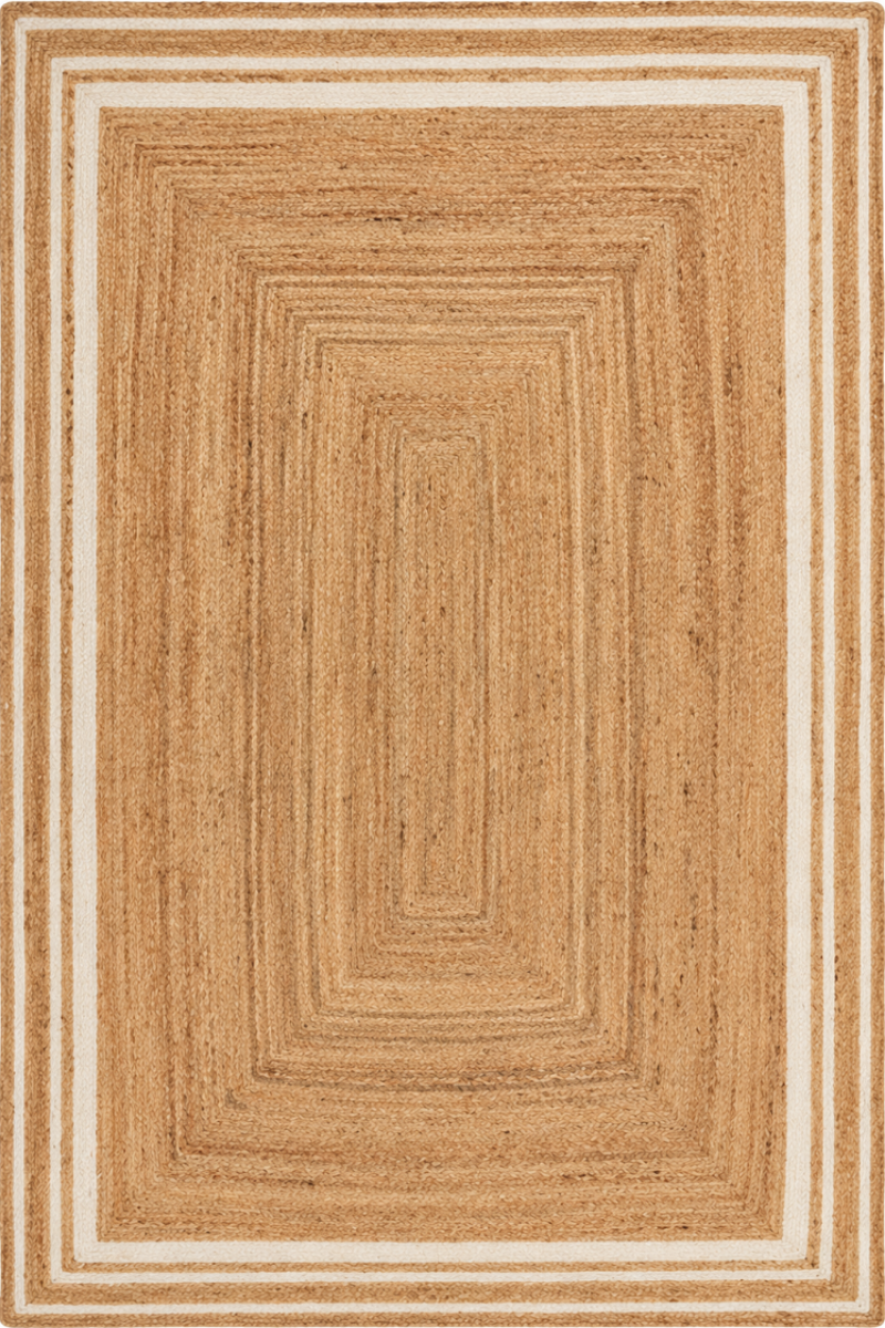 A rectangular woven area rug with concentric rectangular border lines in natural tan and cream.
