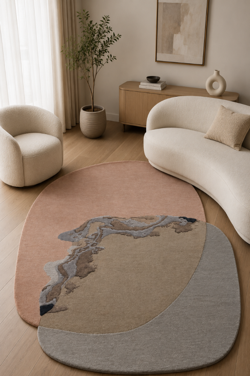 An abstract oval area rug in blush pink, beige, and gray tones, styled in a modern living room with a curved cream sofa, armchair, and light wood flooring.