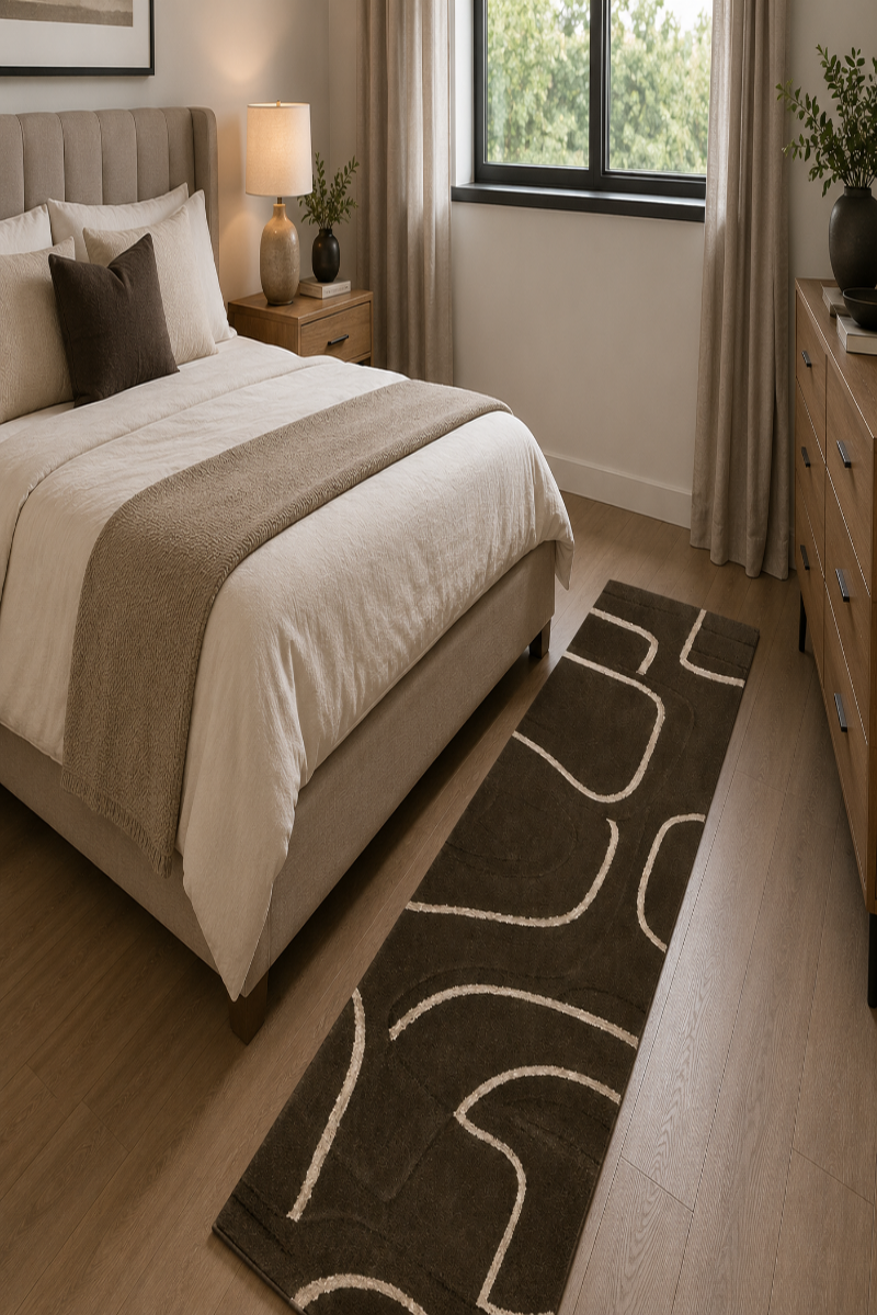 A dark green runner rug with a cream abstract wavy pattern is styled on a light wood floor in a modern bedroom next to a bed with beige bedding. 