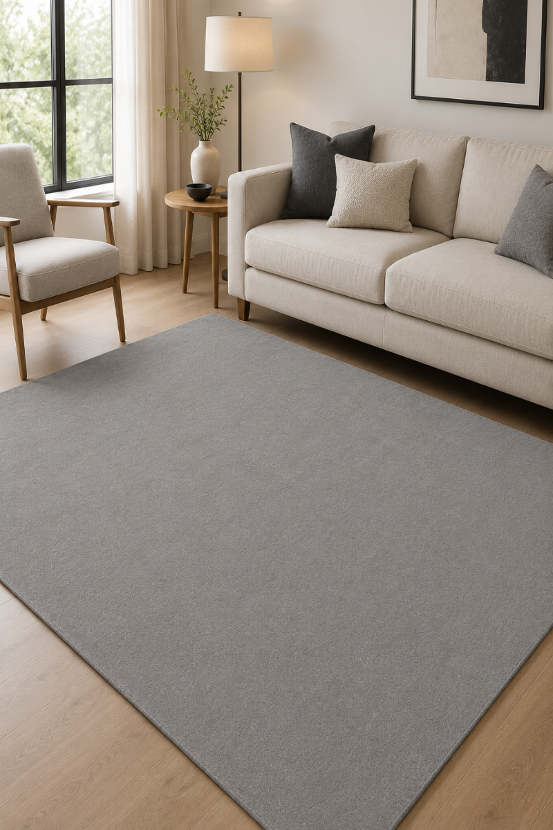 A large, light gray rectangular area rug displayed in a modern living room setting with a beige sofa, wooden floor, and neutral-toned furniture.