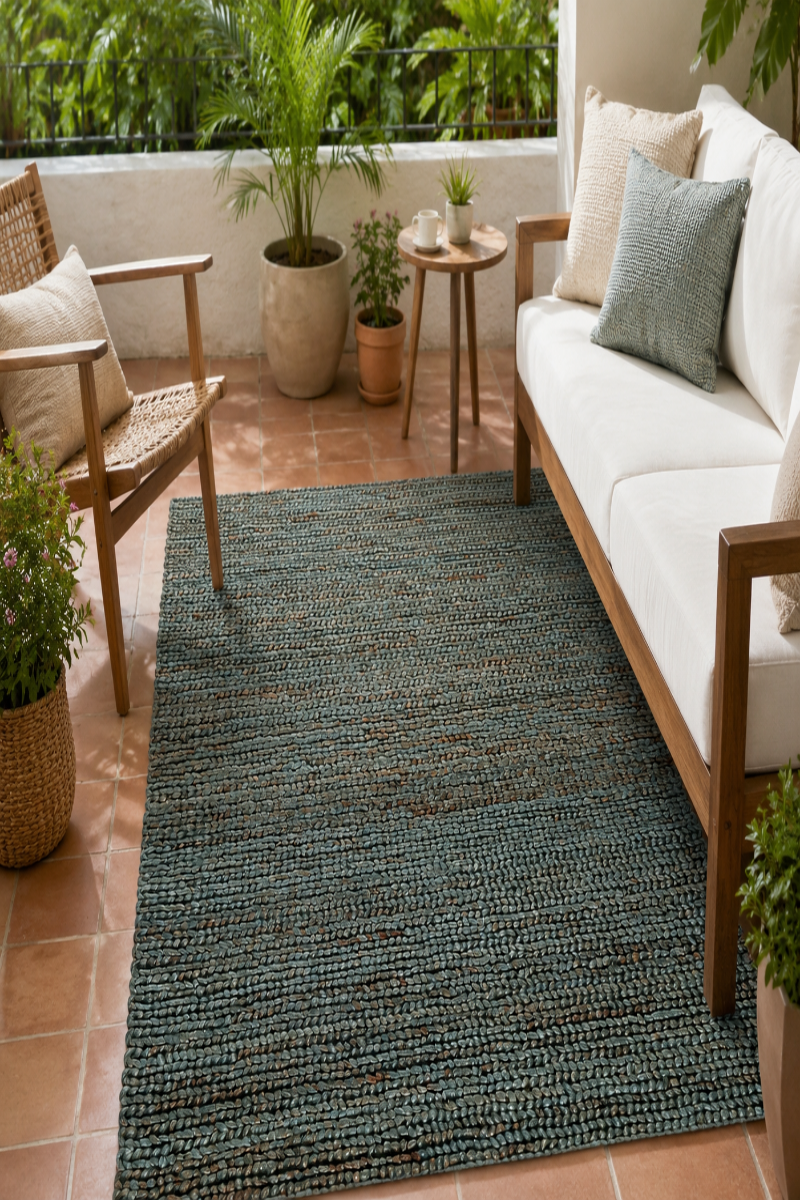 A rectangular woven area rug in a muted teal-blue color, styled in a bright, modern patio living room next to a white sofa and wooden chair.
