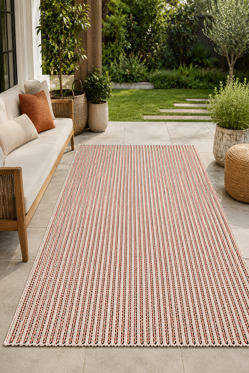A rectangular outdoor area rug with vertical stripes in terracotta red, beige, and white, laid out on a light stone patio in a garden setting next to a white sofa.