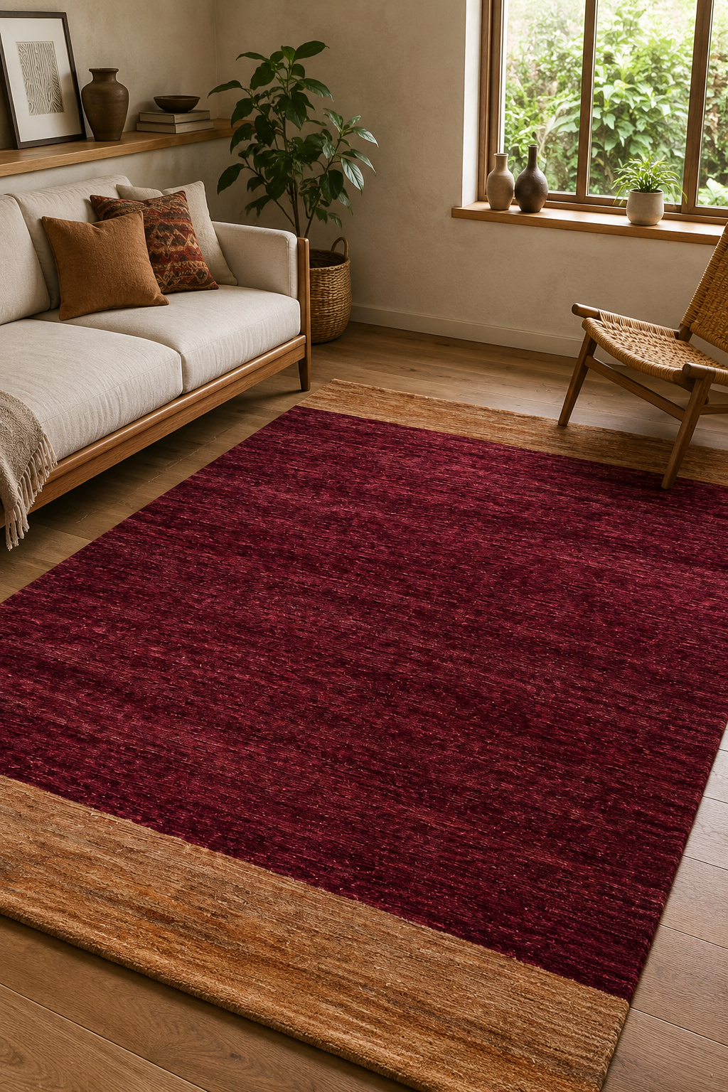 Hand Knotted Jute Maroon Rug
