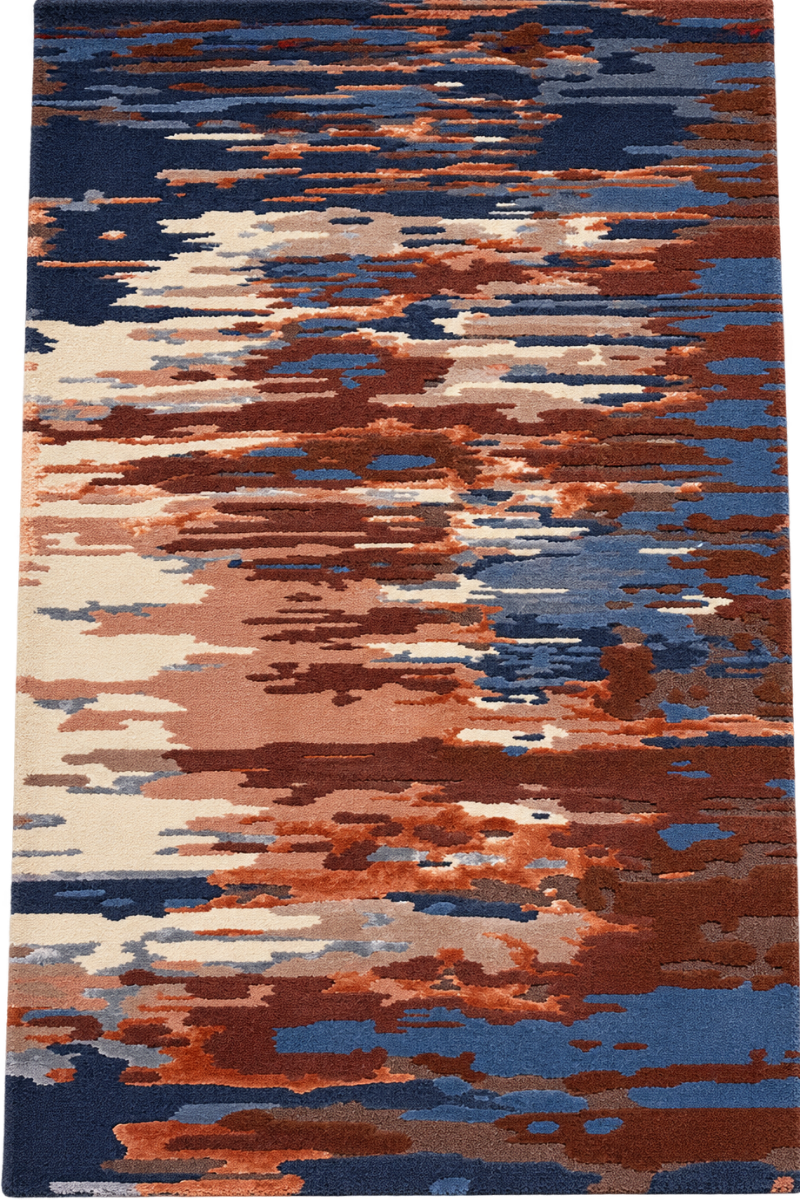 An abstract patterned area rug featuring a textured, horizontal brushstroke design in navy blue, rust orange, terracotta, beige, and muted blue.