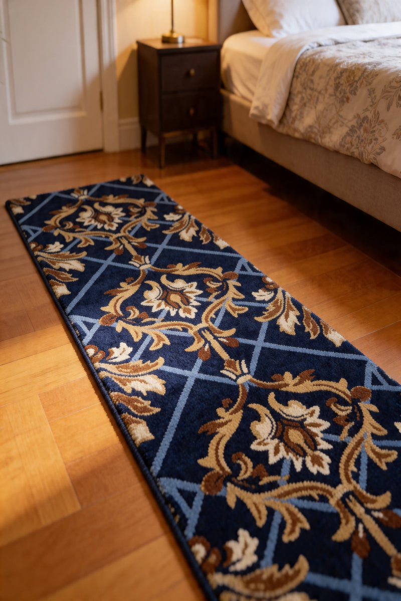 Decorative blue and gold patterned rug on a wooden floor in a bedroom.