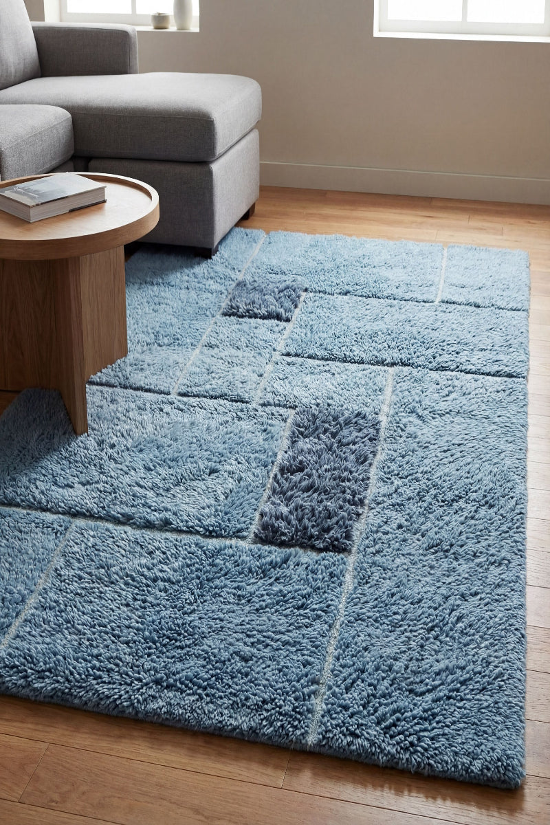 Tuft with Needle Blue Wool Area Rug
