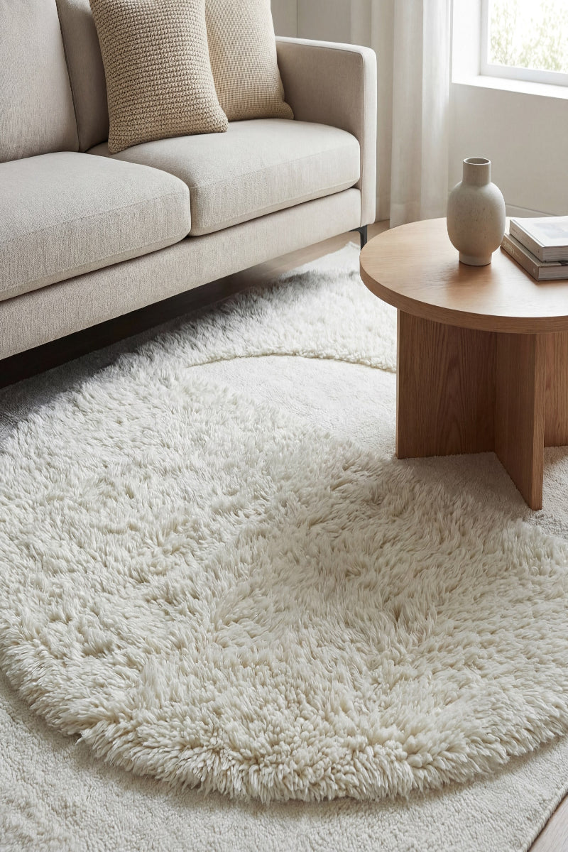  white rug in a living room with a beige sofa and wooden coffee table.