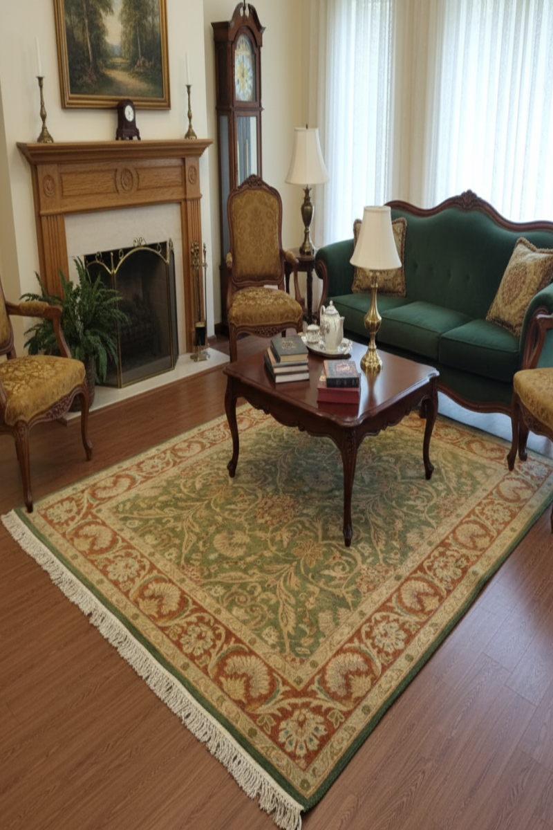 Hand Knotted Wool Green Area Rug