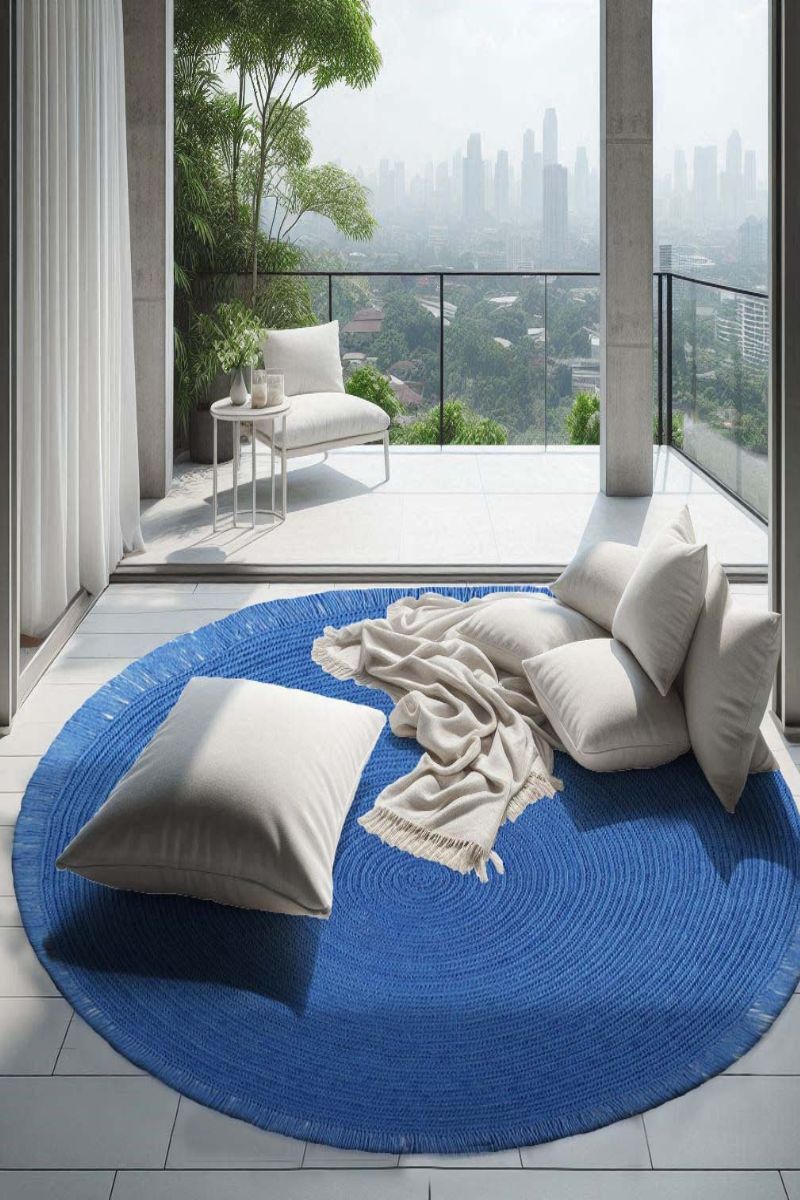 Hand Crochet Round Blue PET Outdoor Rug