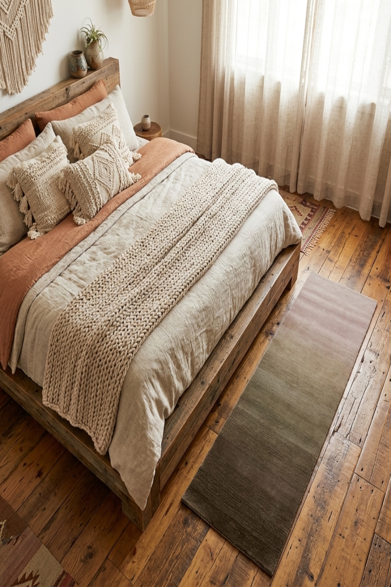 Cozy bedroom with wooden bed, knitted blanket, and pillows on a wooden floor.
