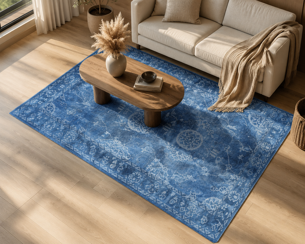 A blue patterned area rug with a traditional medallion design, styled in a bright living room on a light wood floor next to a cream sofa and a wooden coffee table.