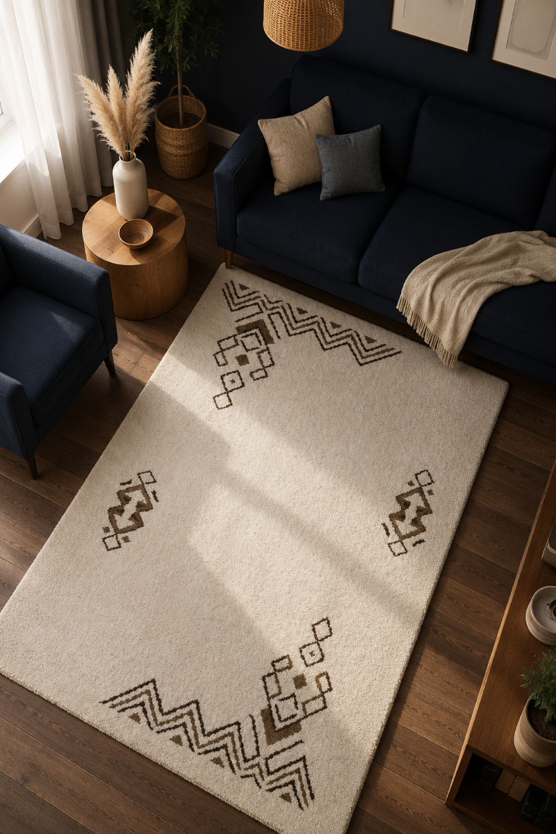 A cream-colored area rug with dark brown geometric patterns, styled in a modern living room setting on a dark wood floor next to a navy blue sofa.