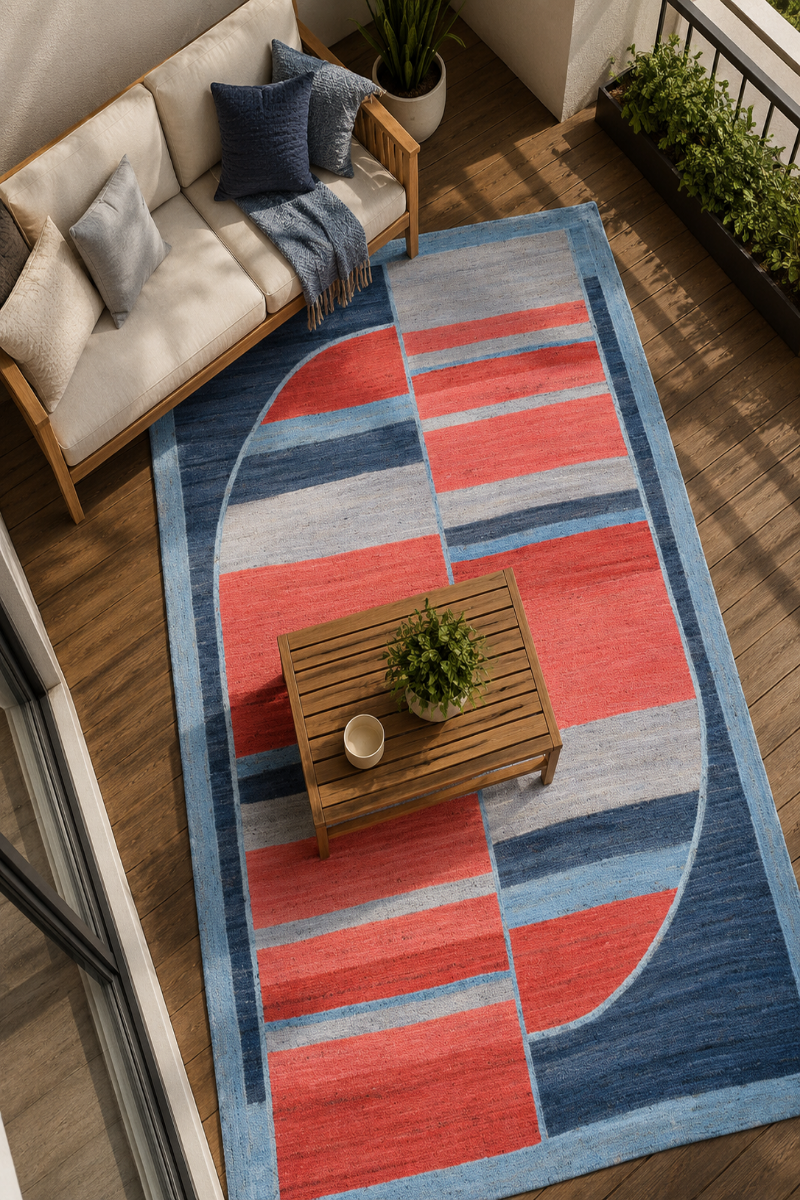 A rectangular area rug with a modern geometric pattern of coral red, slate blue, and light gray curved stripes, styled on a dark wood floor in a living room setting next to a beige sofa.