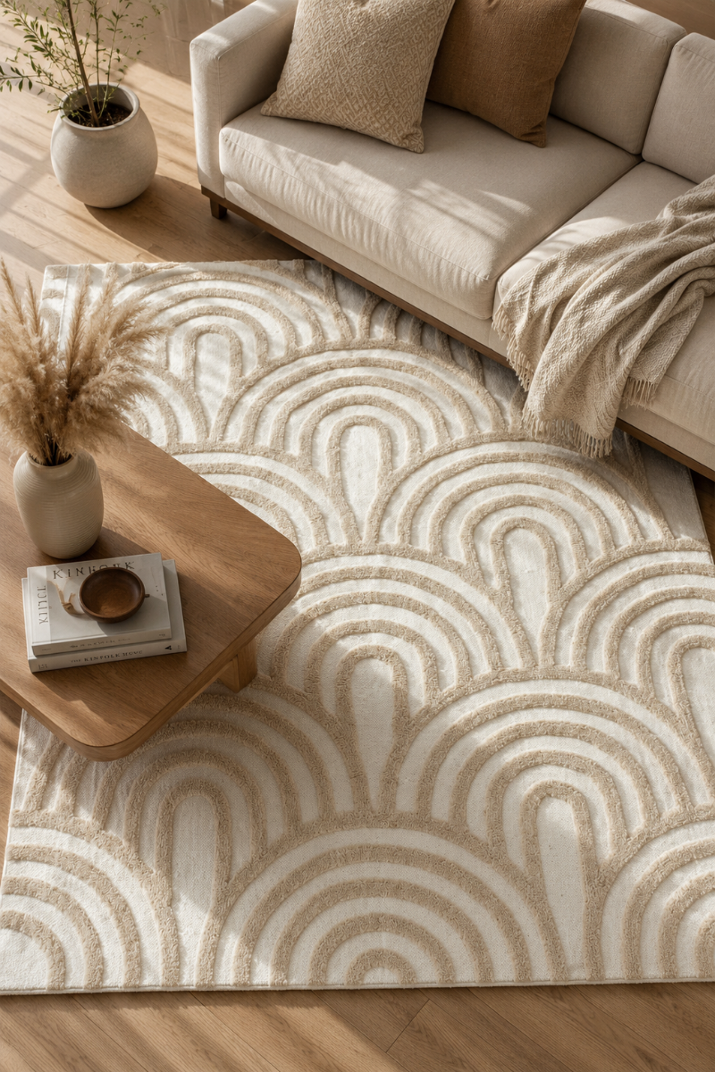 A large area rug with a repeating beige and off-white scallop or arch pattern, styled in a modern living room setting with a sofa, wooden coffee table, and pampas grass.