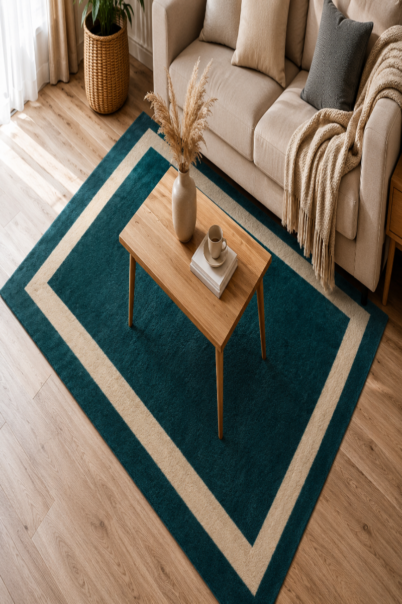 A rectangular area rug with a dark teal center and cream-colored concentric borders, styled in a modern living room setting with a wooden coffee table and a beige sofa.