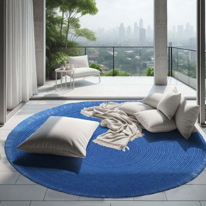 Hand Crochet Round Blue PET Area Rug