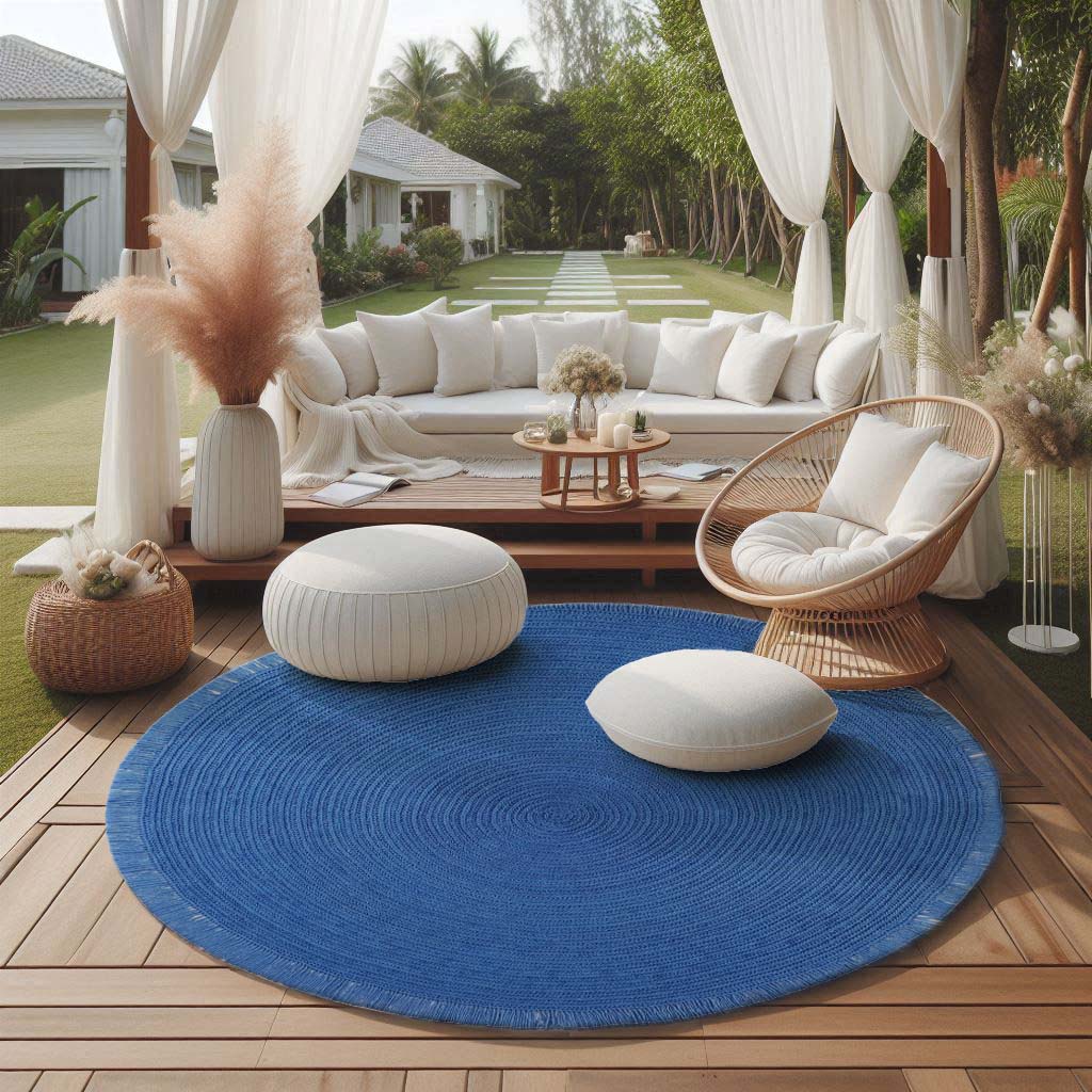 Hand Crochet Round Blue PET Outdoor Rug