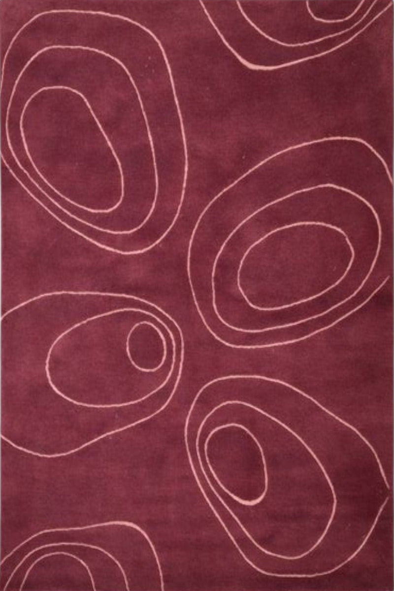 Maroon rug with white abstract patterns on a white background
